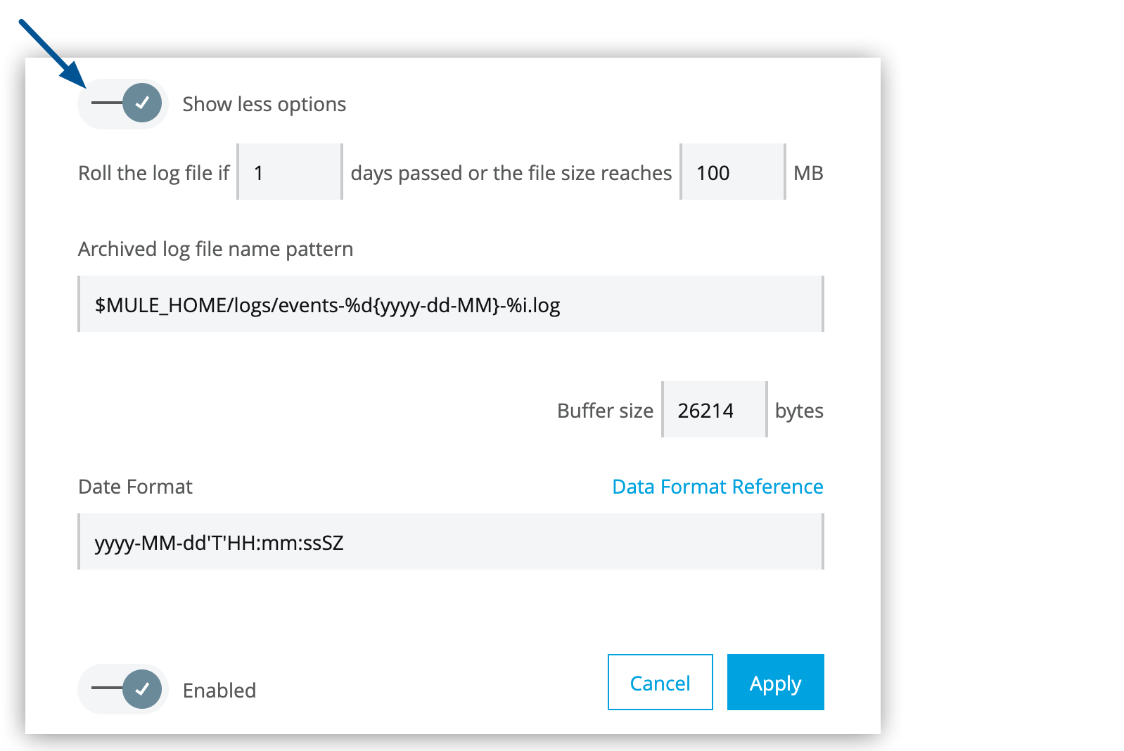 Expanded options in the ELK configuration window