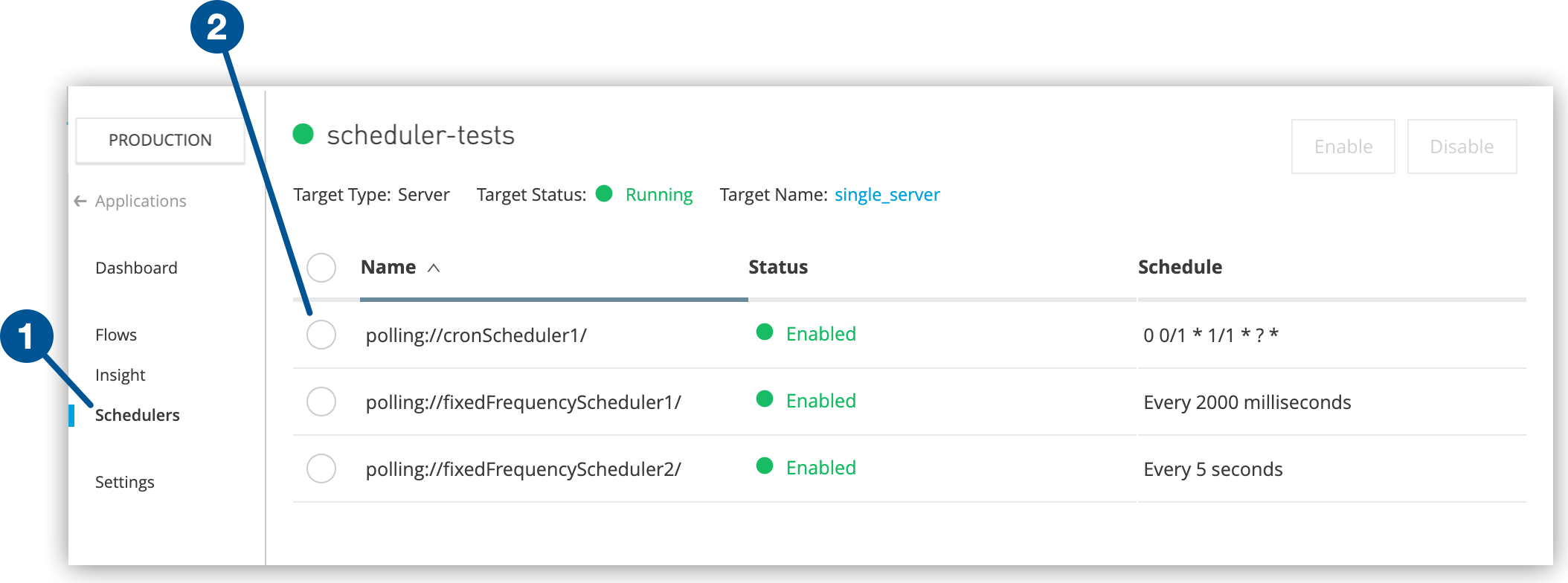 Schedulers option and checkbox on the Schedulers page