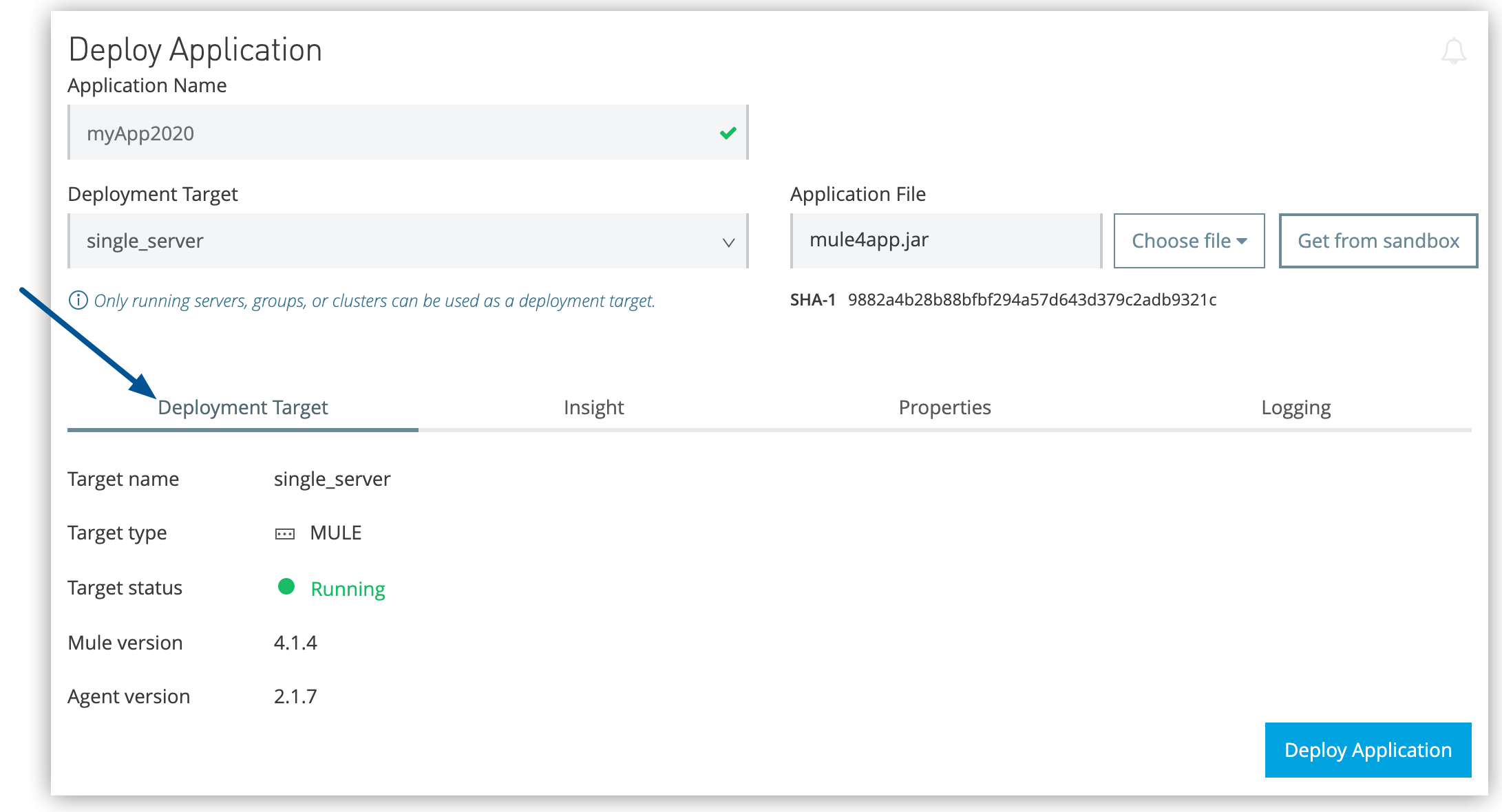 Configuration tabs on the Deploy Application page