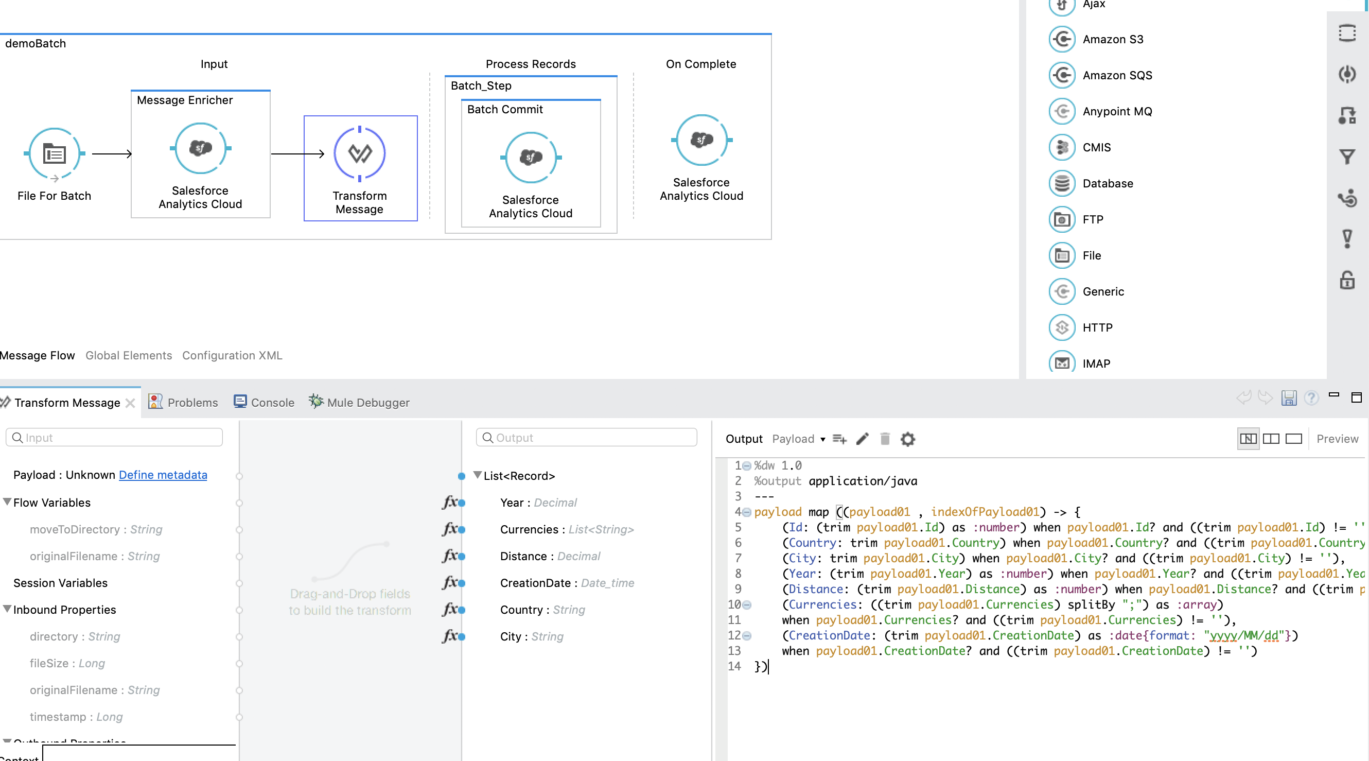 salesforce analytics batch transform message