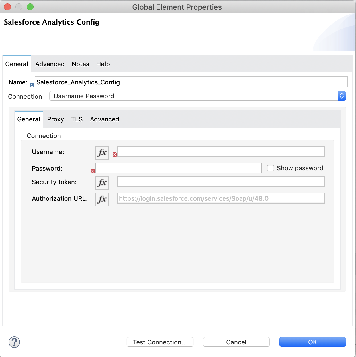 Username Password global element properties window