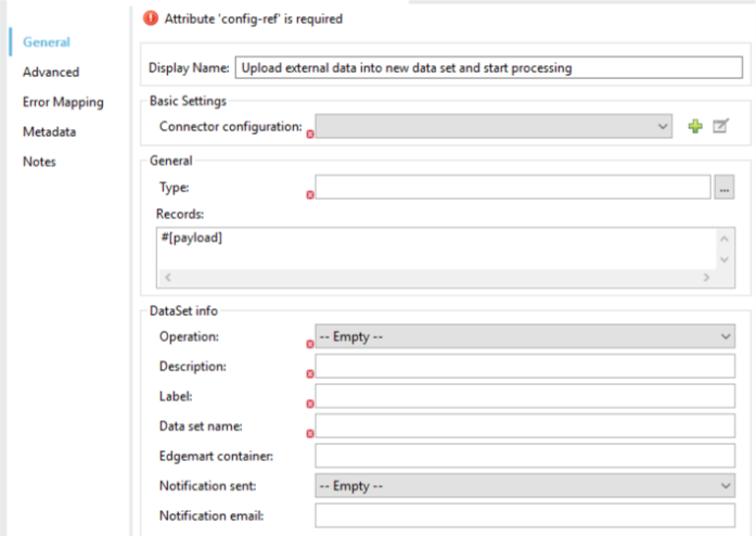 Upload external data operation properties window