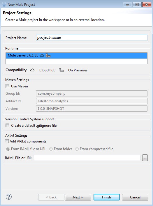 Create new project dialog box