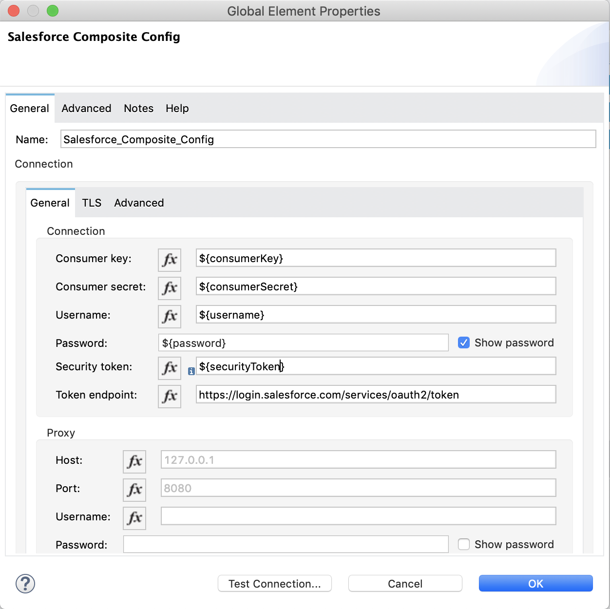 Salesforce Composite Connector global element configuration window