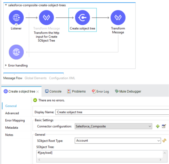 Studio flow with an HTTP Listener component, Transform components, and a Create operation