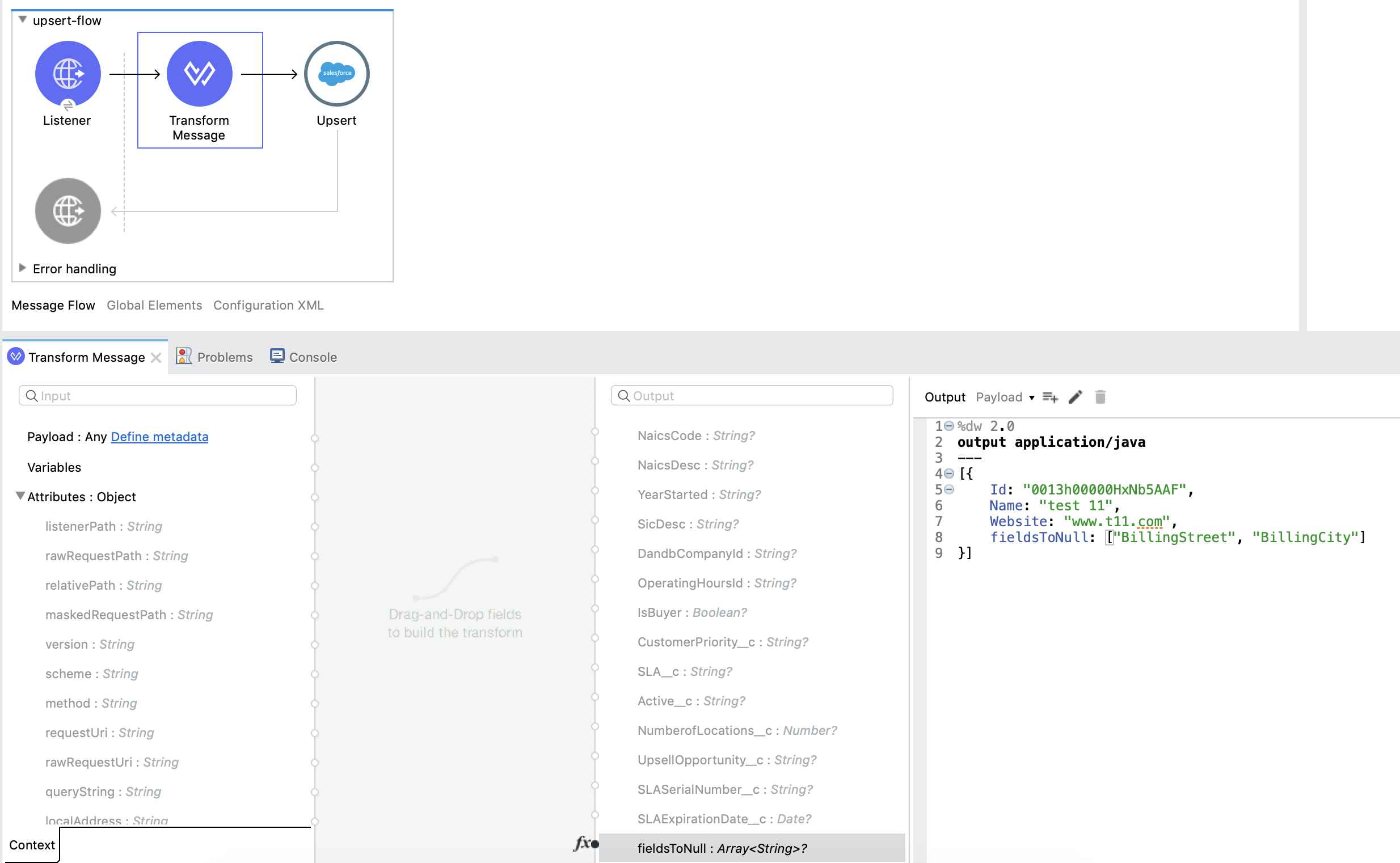 Transform Message properties window for setting a field to null