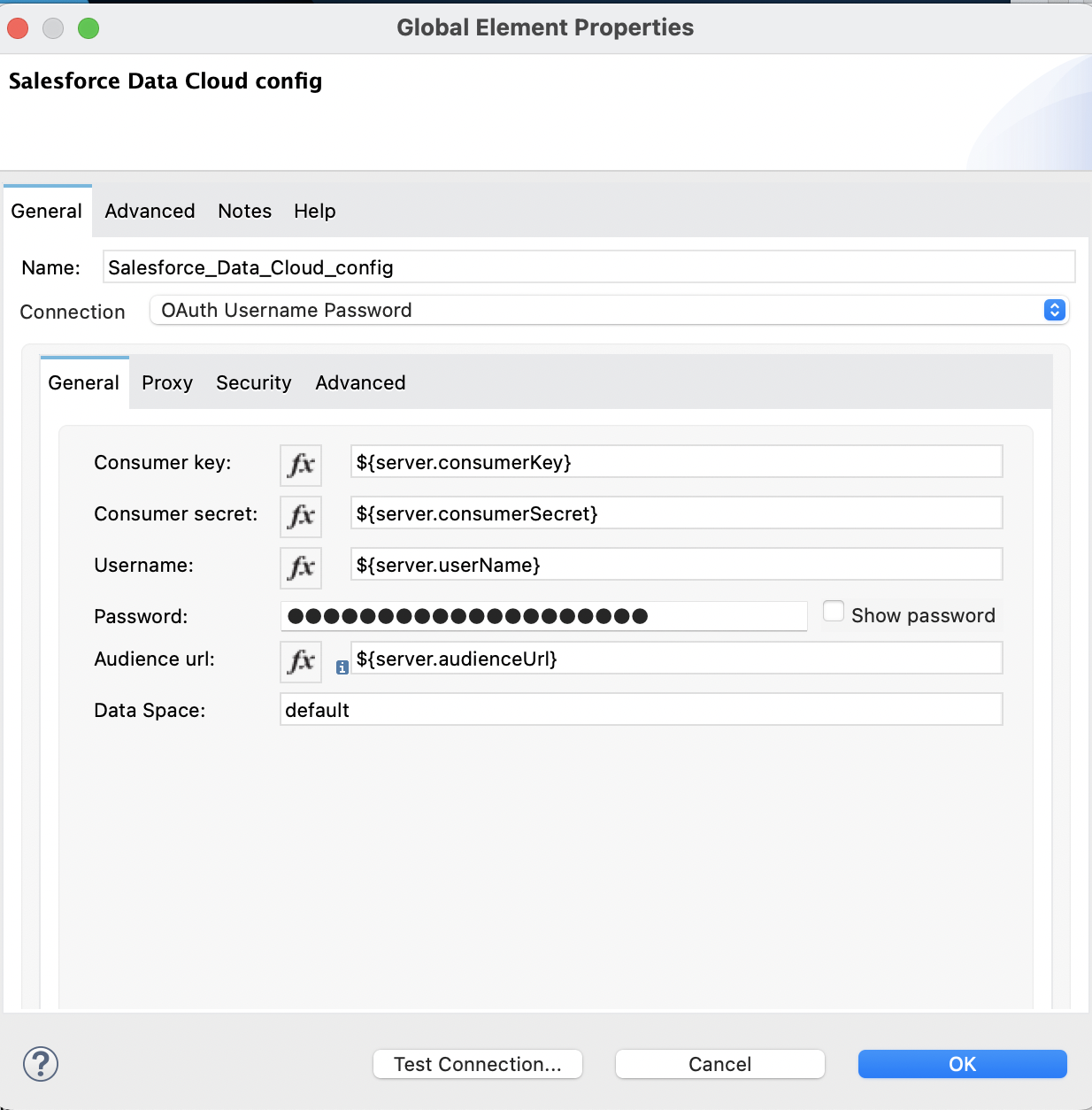 OAuth Username Password selected in the Connection field with the authentication fields completed on the General tab