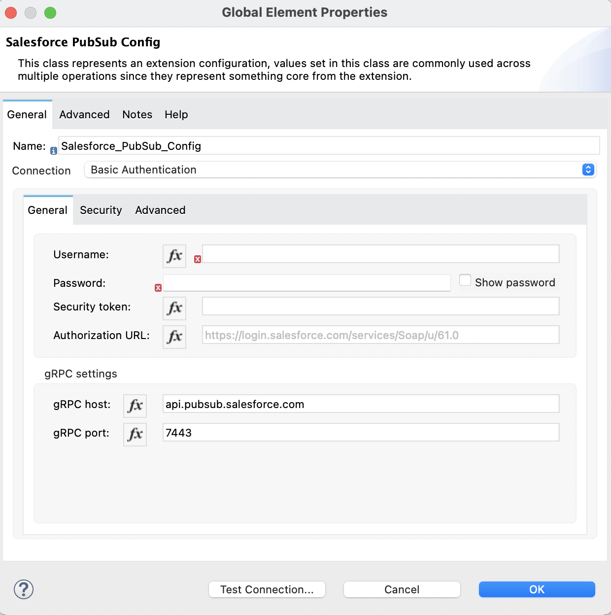 Basic Authentication selected in the Connection section and authentication fields completed in the General tab