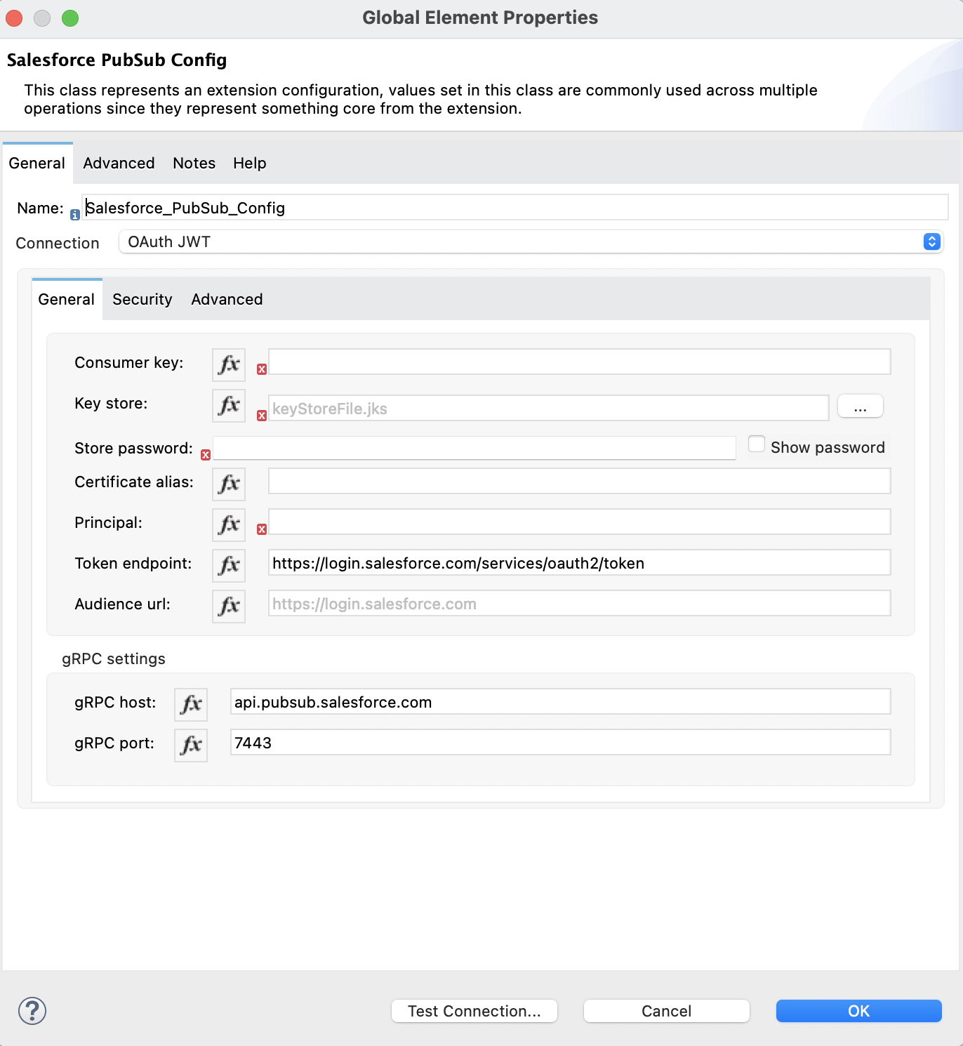 OAuth JWT selected in the Connection section and authentication fields completed in the General tab