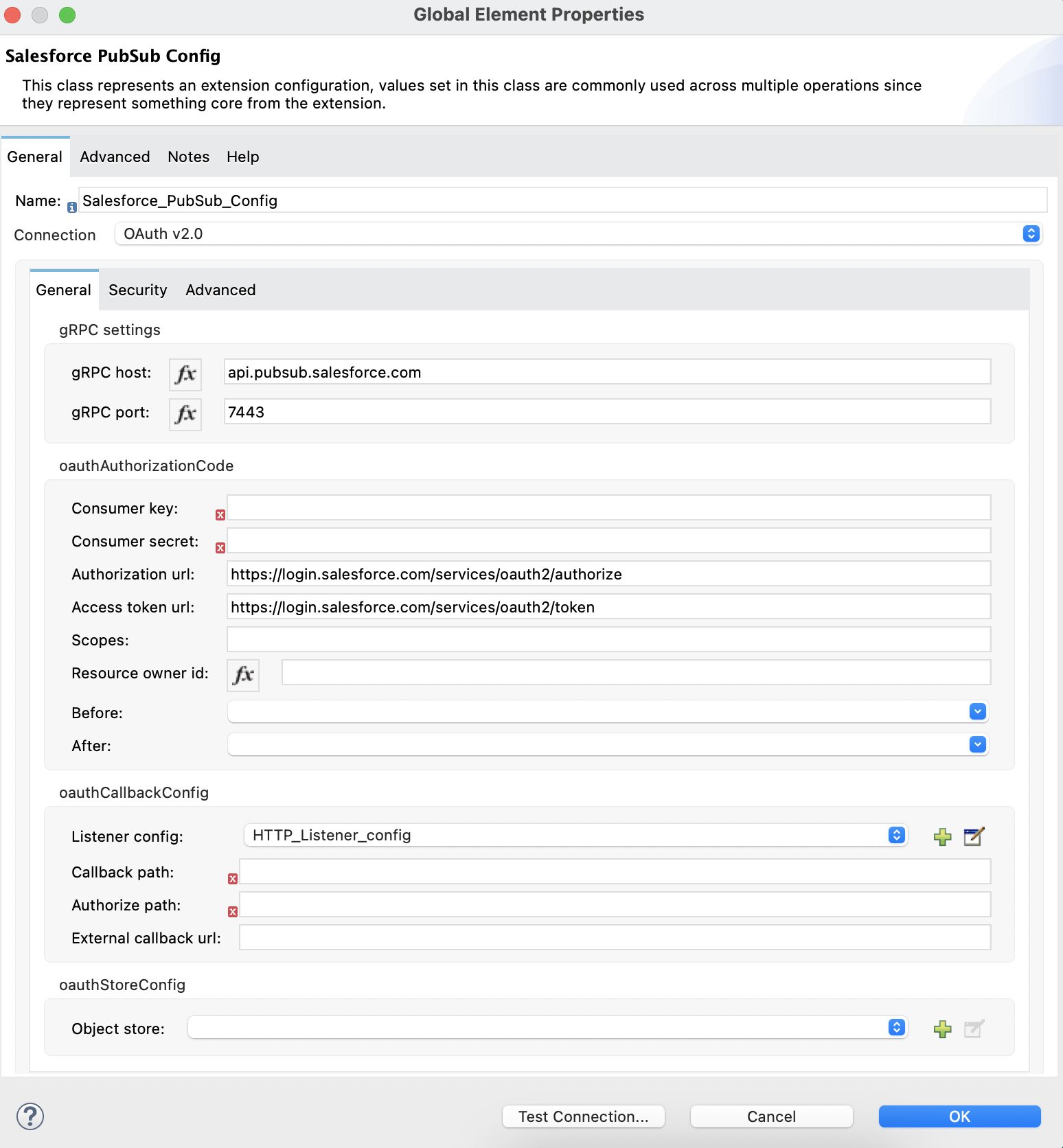 OAuth v2.0 selected in the Connection section and authentication fields completed in the General tab