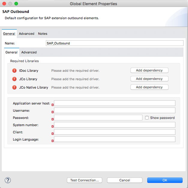 SAP Connector global element properties window