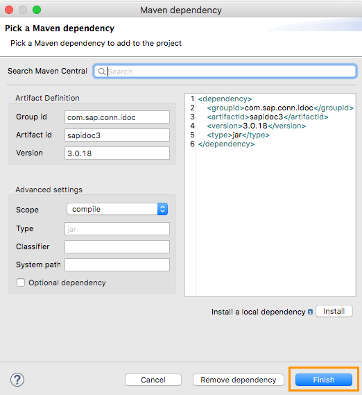 Finish button in Maven dependency window