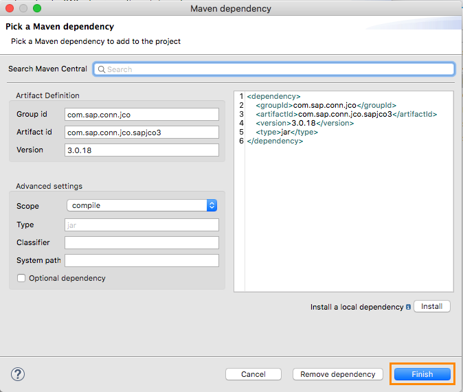 Finish button in Maven dependency window