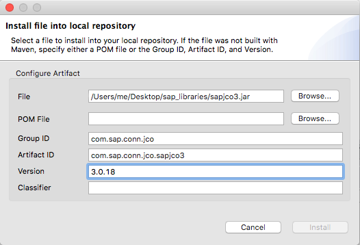 Install file into local repository window