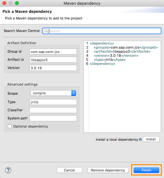 Finish button in Maven dependency window