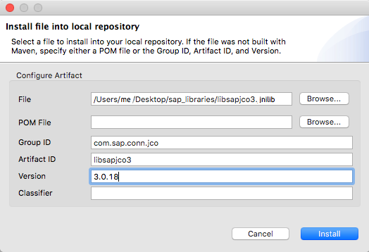 Install file into local repository window