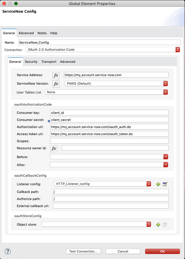 General tab for configuring OAuth 2.0 Authorization Code