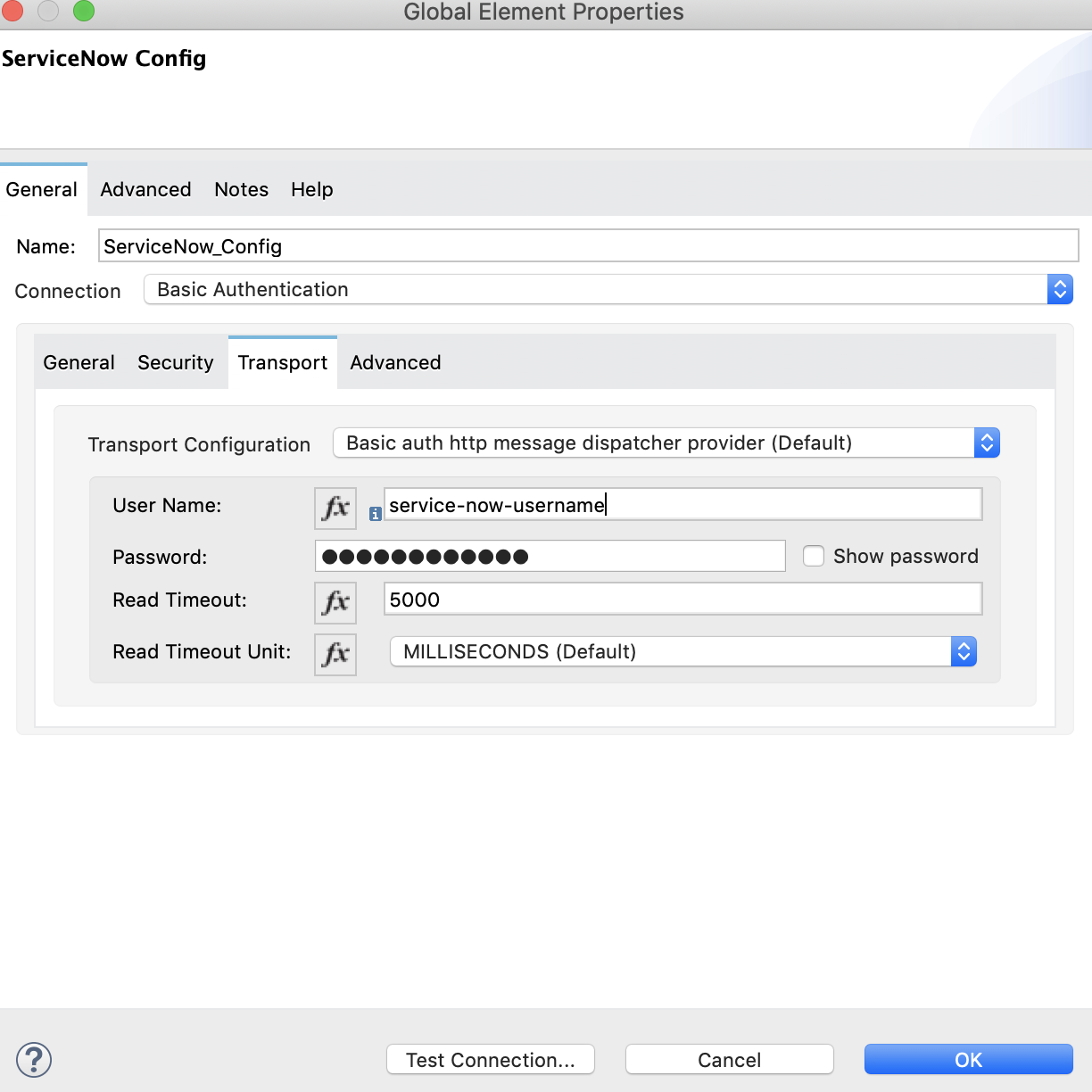 Transport tab in global element properties window