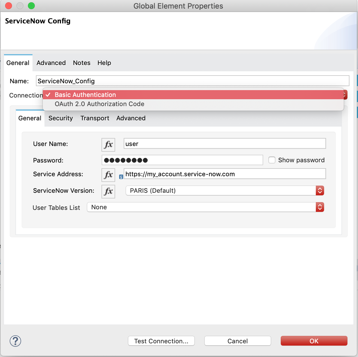 Global element properties window with basic authentication selected