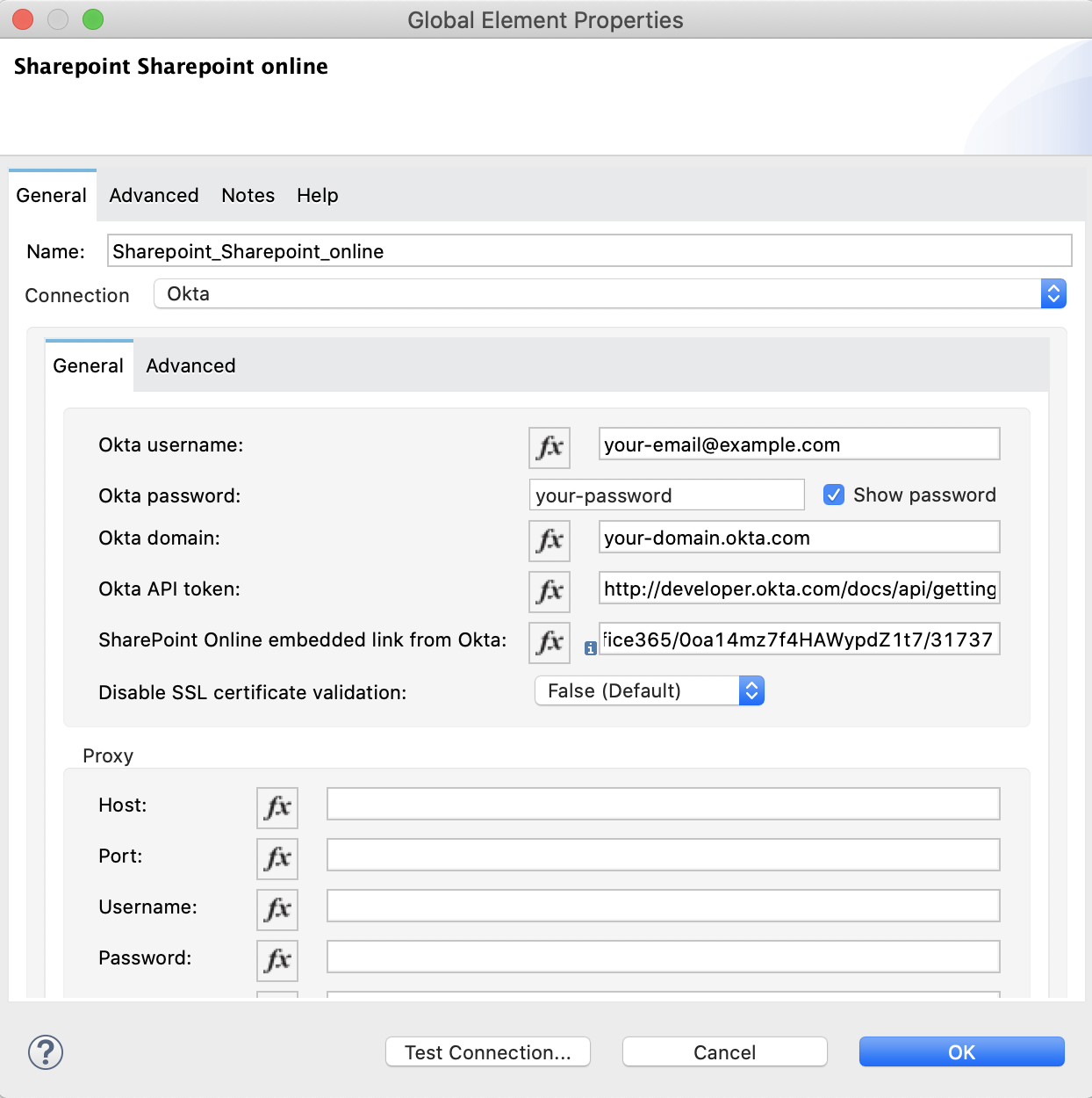 Okta authentication configuration in global element properties window