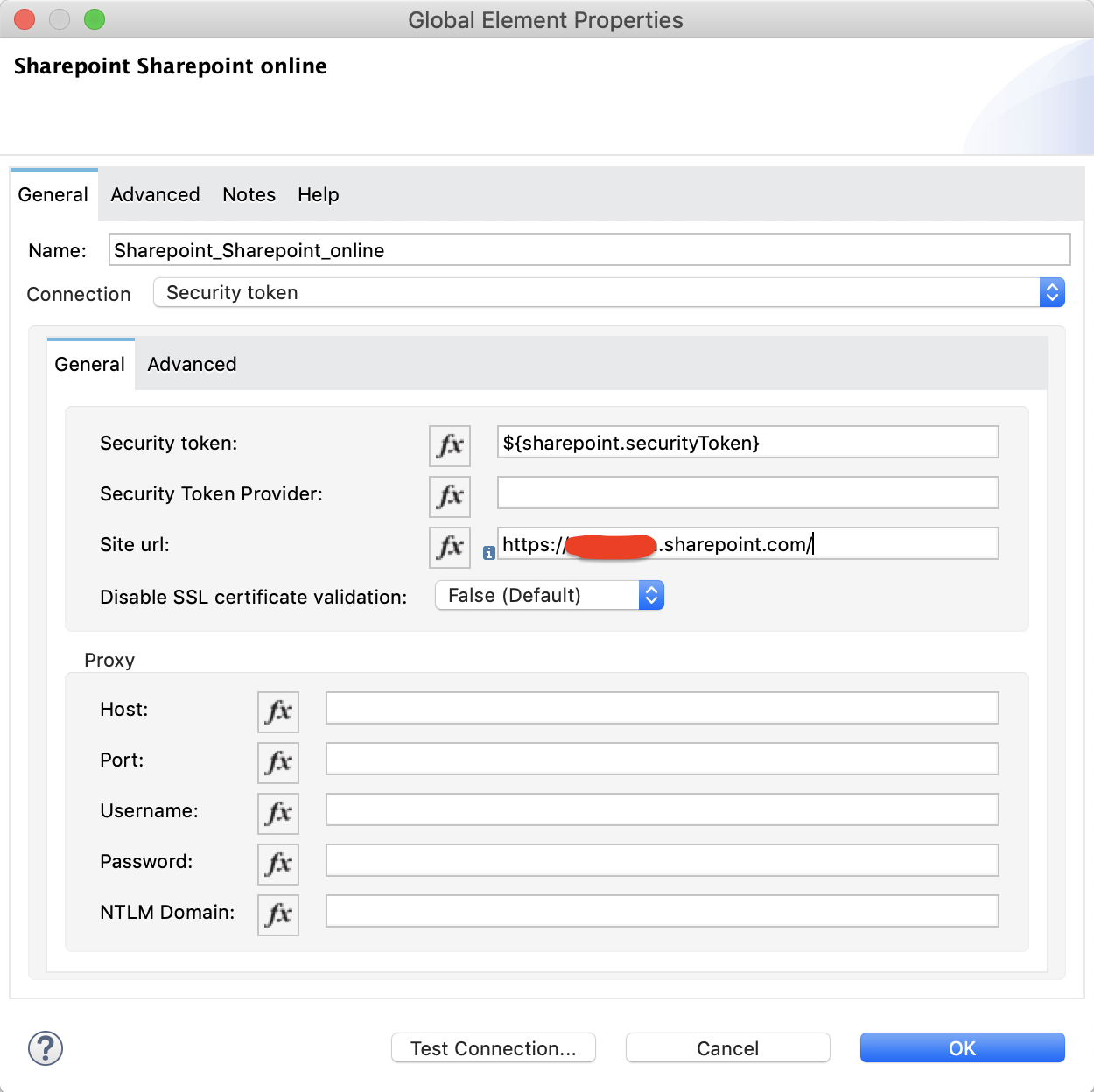 Security token authentication configuration in global element properties window