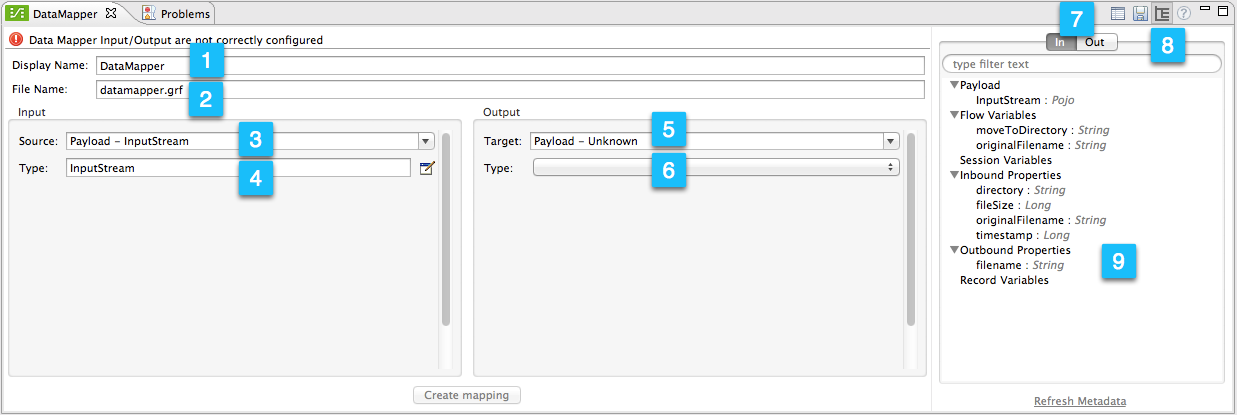 A form for configuring data mapping input and output