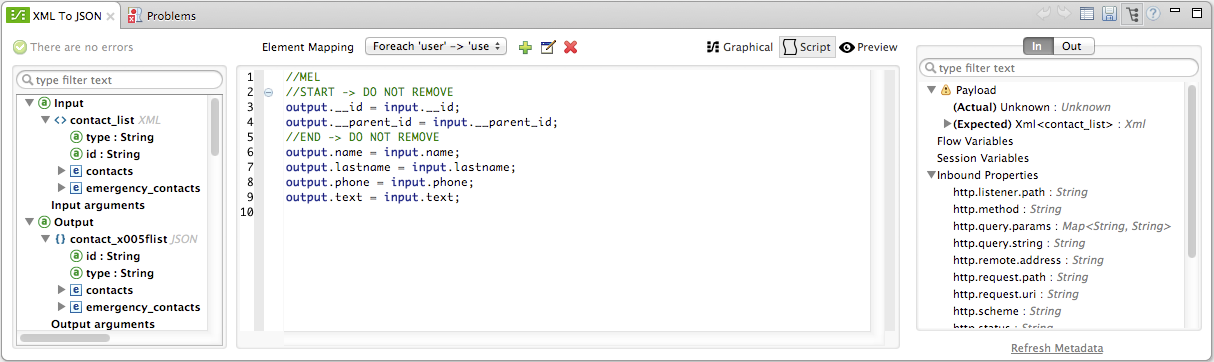 A code window with a code editor and a section for inbound properties