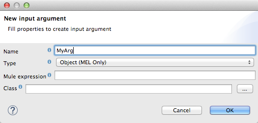 A dialog box for creating a new input argument with fields for name, type, Mule expression, and class