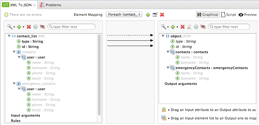 A screen displaying the process of converting XML to JSON through element mapping