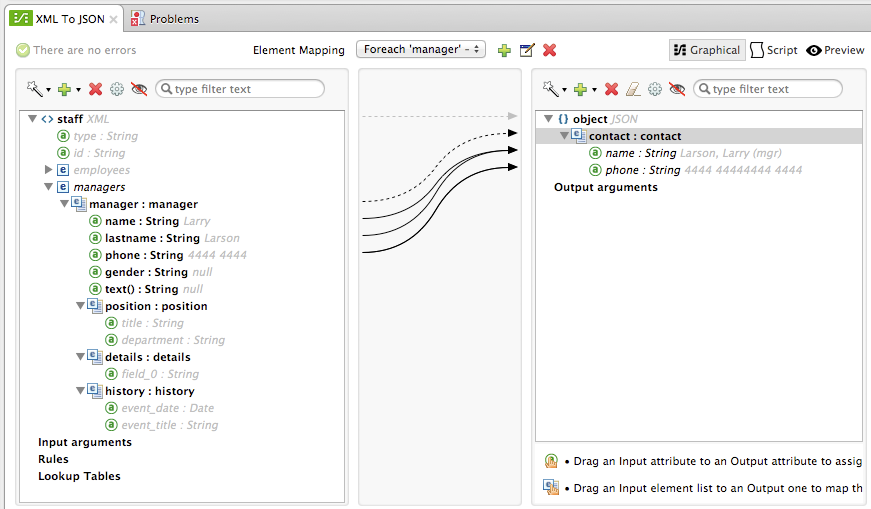 A tool mapping XML attributes to JSON attributes