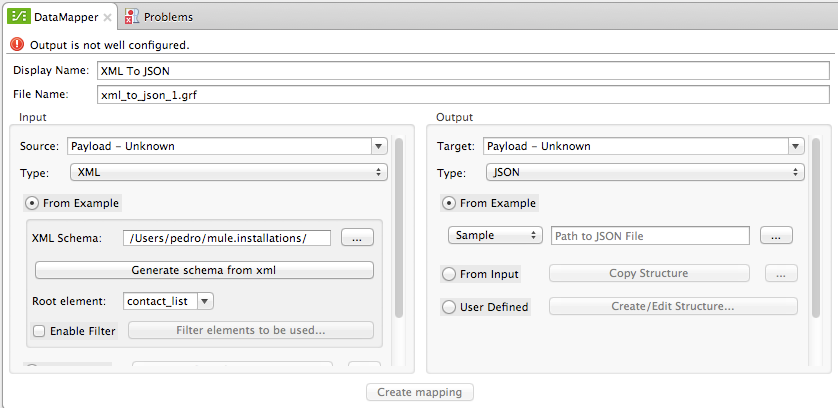 A configuration window for mapping XML to JSON data