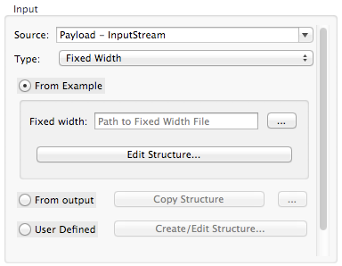 A window with settings for a data input source, type, and structure