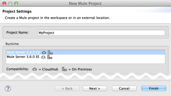 A dialog box for creating a new Mule project