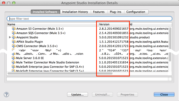 A list of software versions and IDs