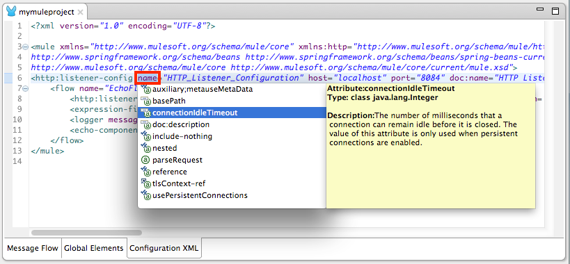 A drop-down list with configuration options for a Mule listener, including connection idle timeout