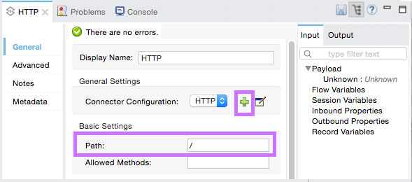 A window displaying the settings for an HTTP connector, which includes fields for path and allowed methods