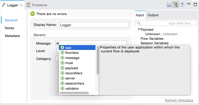 A logger window displaying the configuration settings for a user application, with a dropdown list of categories