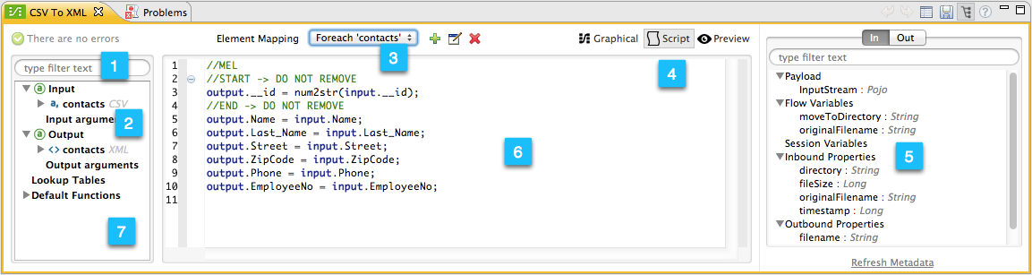 A screenshot of a program with multiple sections showing how to convert CSV to XML data