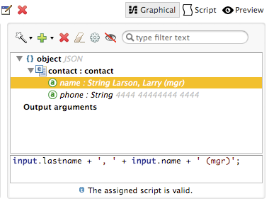 A script editor with a valid script that displays JSON object details and output arguments