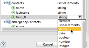 A drop-down menu with options for data types, such as string, date, and boolean