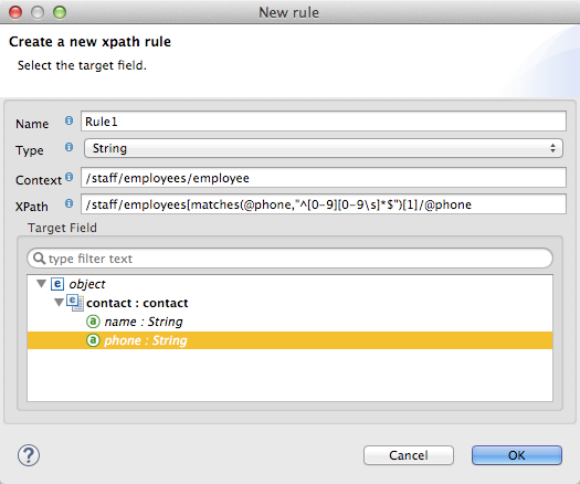 A form for creating a new XPath rule with fields for name, type, context, XPath, and target field