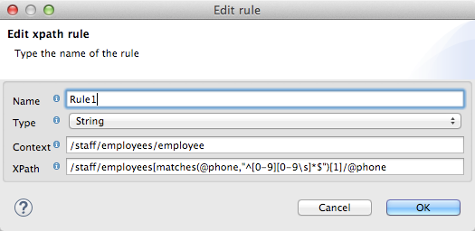 A window for editing an XPath rule, complete with fields for name, type, context, and XPath