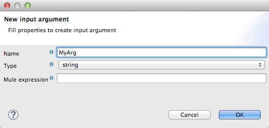 A window that requests input argument properties, such as name, type, and expression