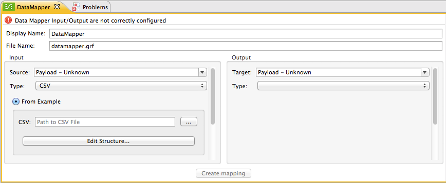 A window displaying a DataMapper interface with sections for input and output configuration