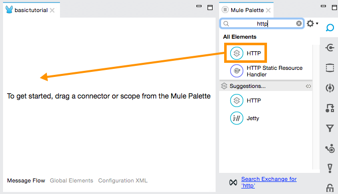 An orange arrow points to an HTTP connector in the Mule Palette