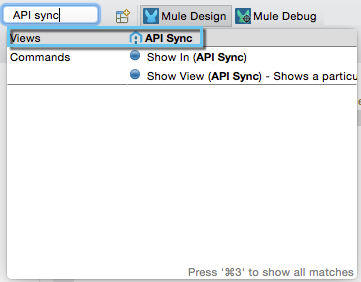 A dropdown menu with options for API sync views and commands
