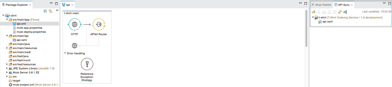 A diagram showing an API flow, a package explorer, and a Mule Palette with an API sync