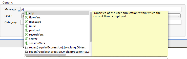 A form with fields for message, level, and category, and an information note about user application properties