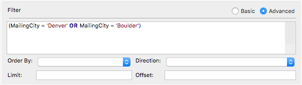 A form with basic and advanced filter options