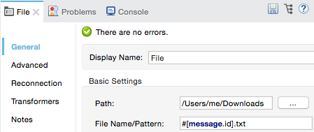 A form with fundamental settings for a file, such as name, path, and pattern